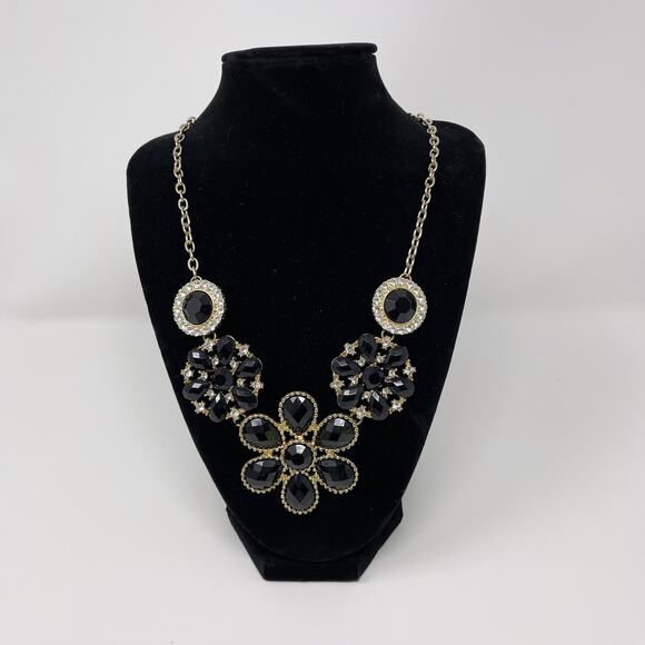 Black and Gold Floral Bib Statement Necklace Gem Stones Fashion Trendy - Picture 1 of 4
